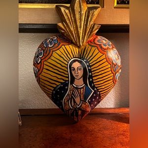 Mexican wood heart-Virgin Guadalupe wall art-Handpainted flowers-Great piece